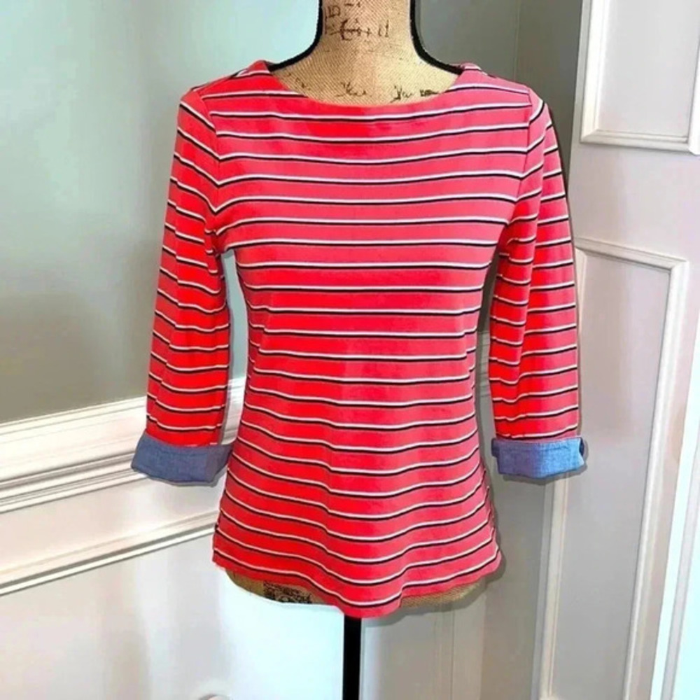 ⭐️ Nautica Red Striped 3/4 Sleeve Chambray Cuffs, (Size S, 100% Cotton)